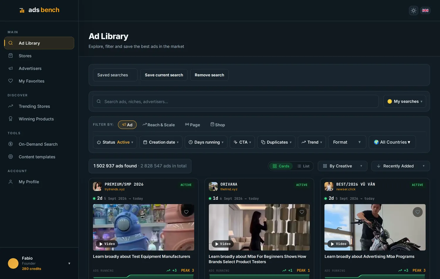 Ads Bench library with filters for selecting relevant ads