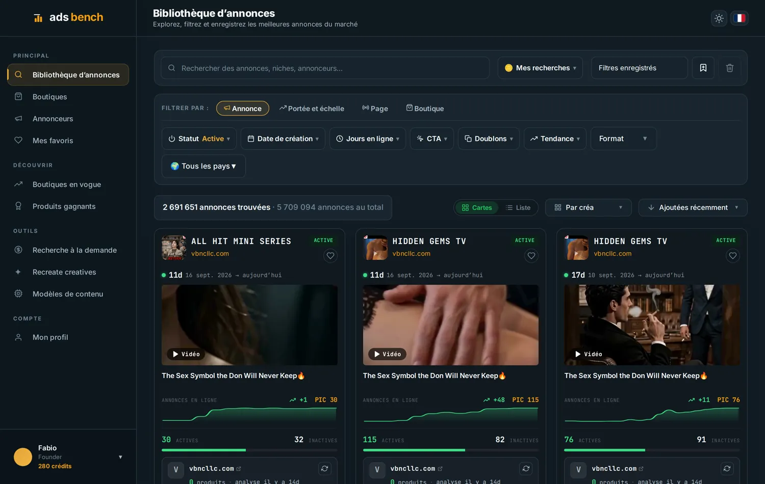 Bibliothèque Ads Bench avec des filtres pour sélectionner les annonces pertinentes