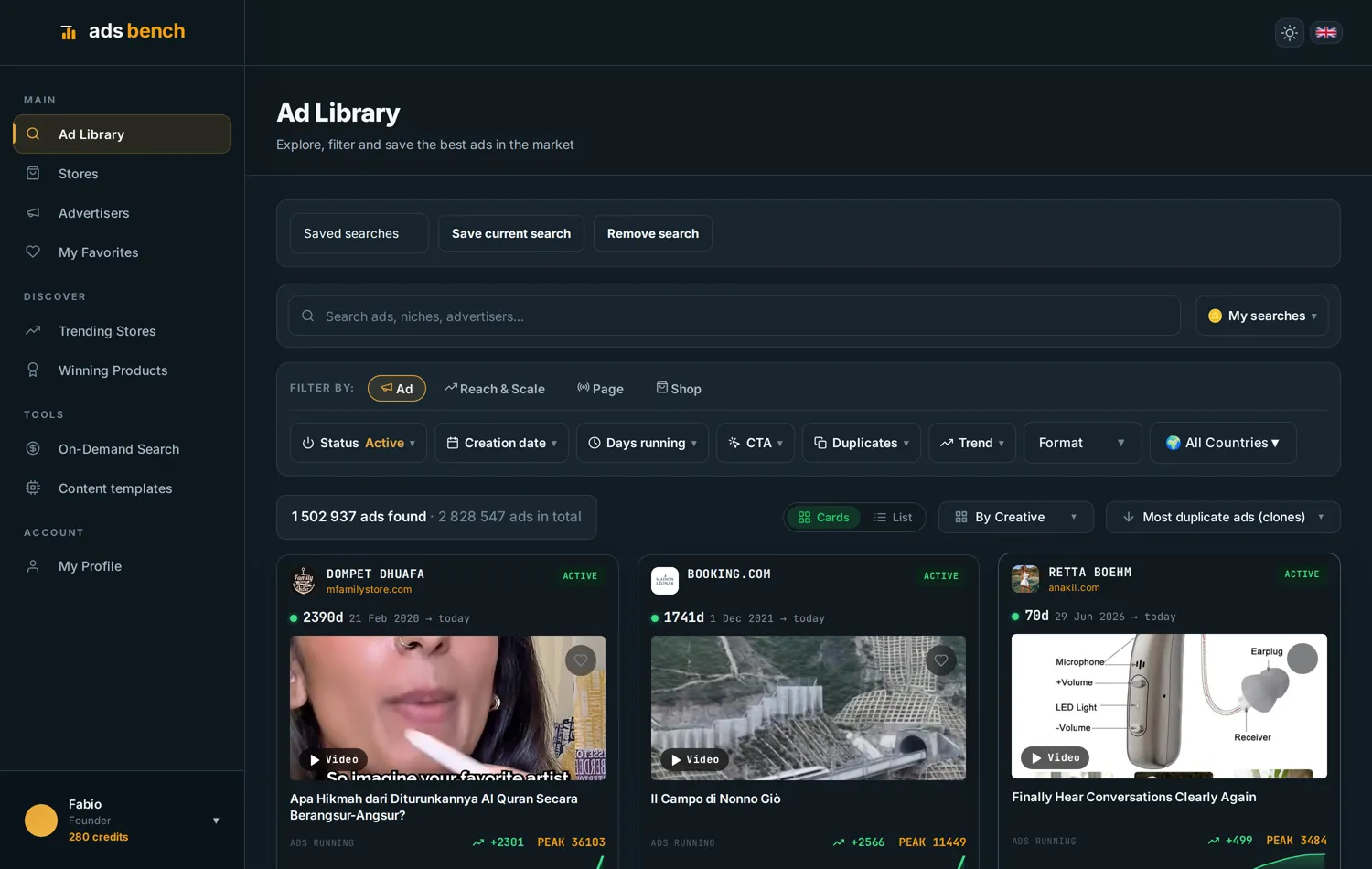 Ads grouped by creative in Ads Bench
