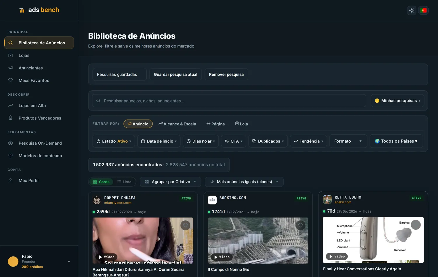 Anúncios agrupados por criativo e ordenados por número de cópias no Ads Bench