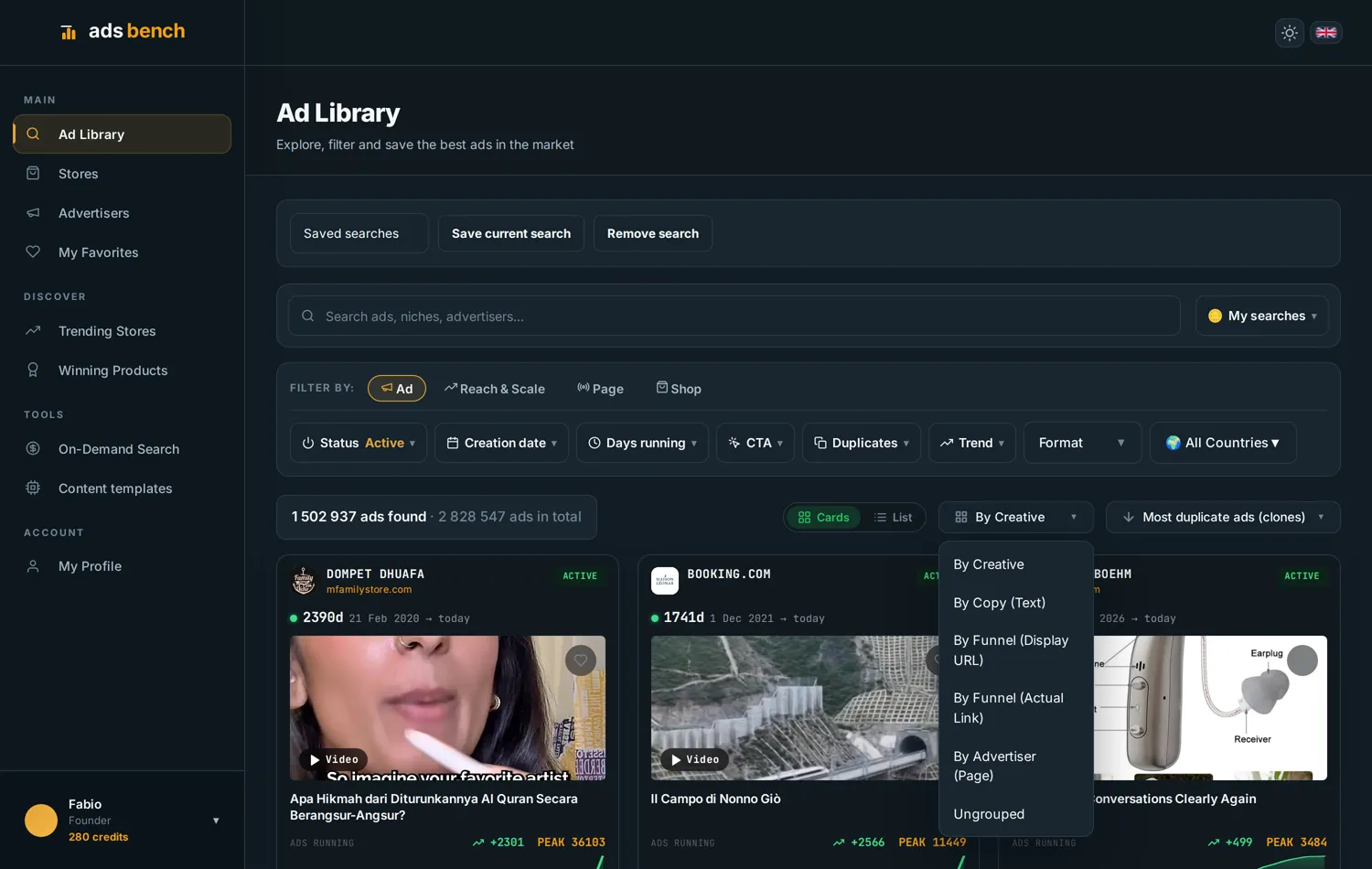 Ads Bench menu for grouping by creative, copy, destination and advertiser
