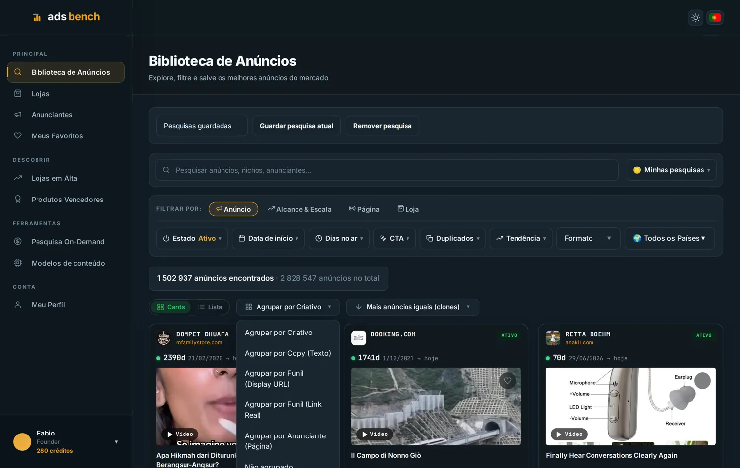 Menu do Ads Bench com agrupamento por criativo, texto, destino e anunciante