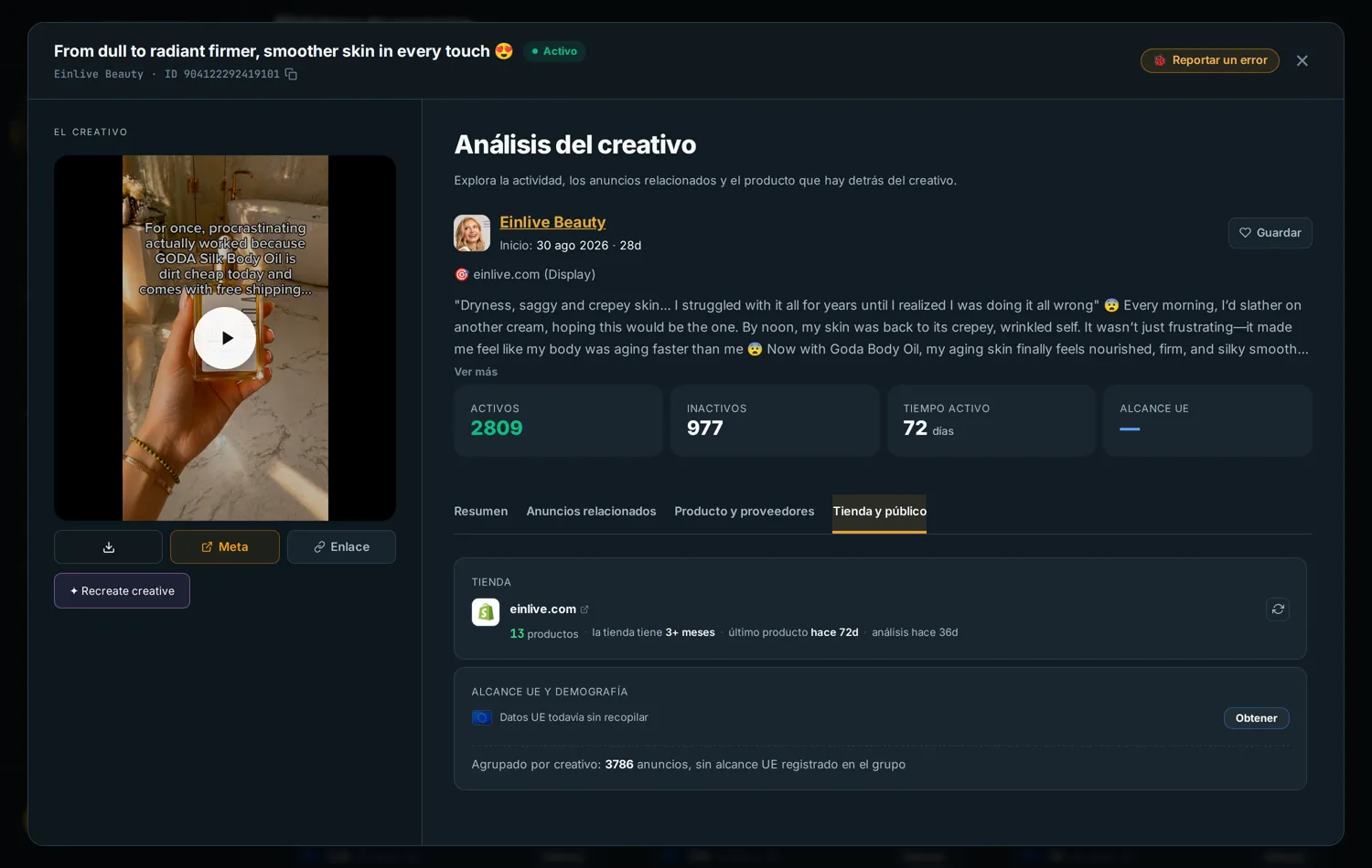 Panel de alcance y público disponible en Ads Bench