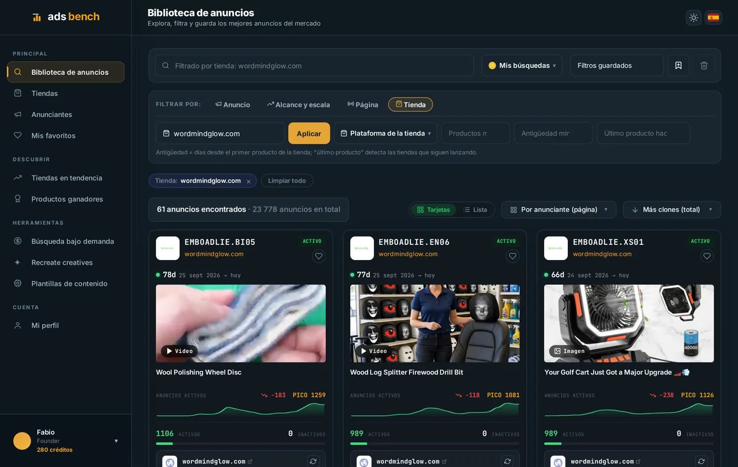 Anuncios de una tienda agrupados por anunciante, con varias páginas distintas que apuntan al mismo dominio