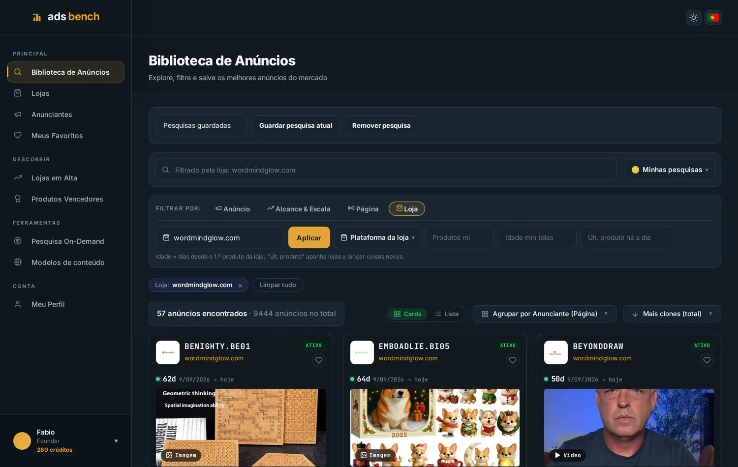 Anúncios de uma loja agrupados por anunciante, com várias páginas diferentes apontando para o mesmo domínio