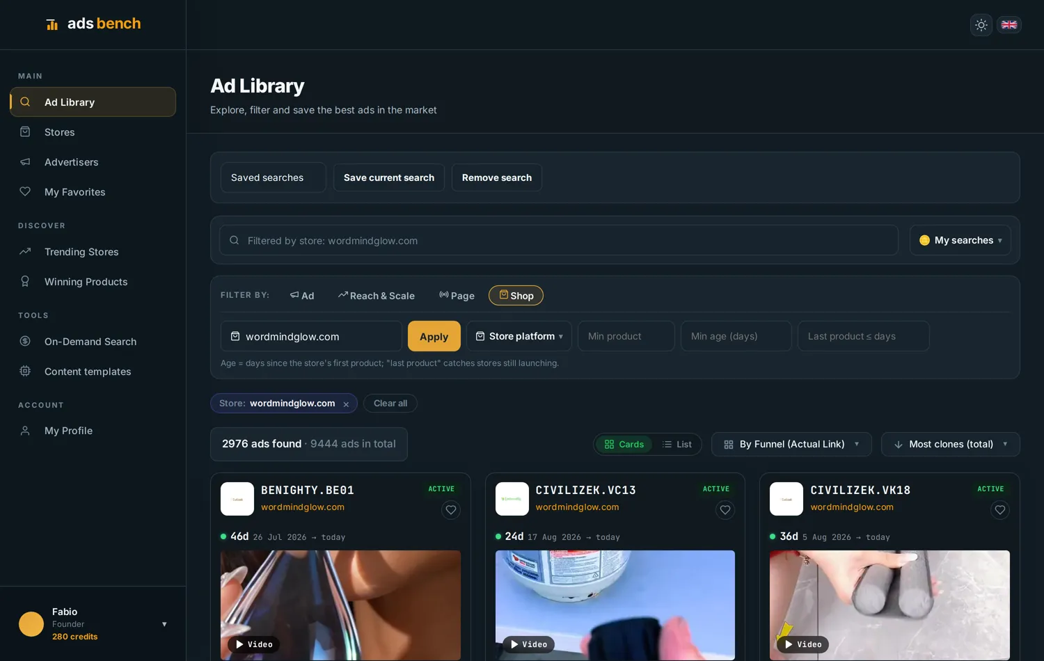 One store's ads grouped by funnel, with the real destination link of each group