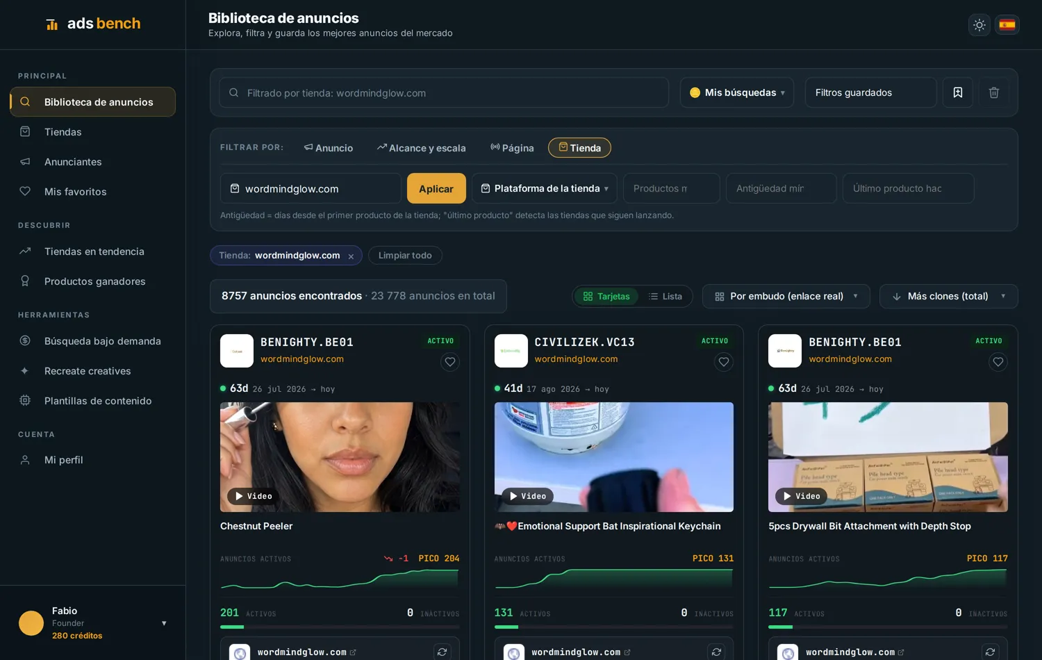 Anuncios de una tienda agrupados por embudo, con el enlace real de destino de cada grupo