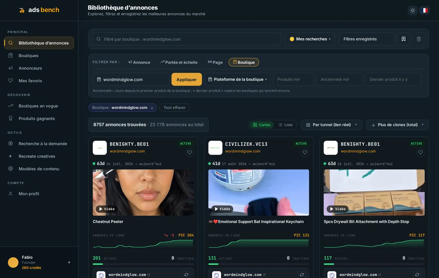 Annonces d’une boutique regroupées par tunnel, avec le vrai lien de destination de chaque groupe