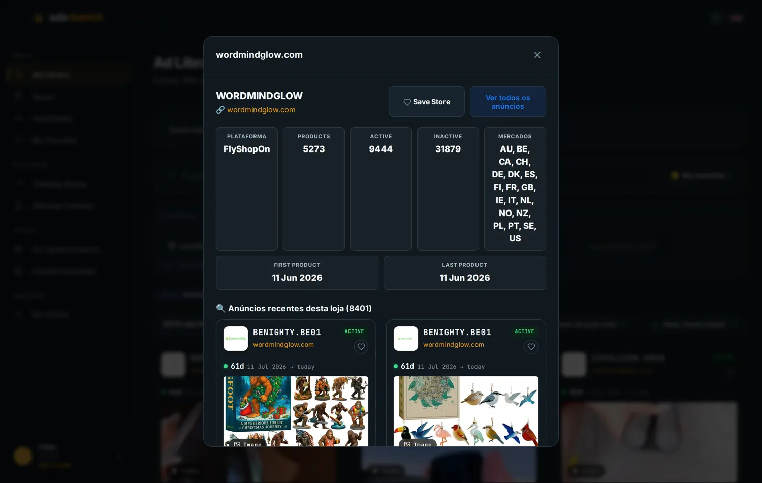 Store card with platform, catalogue, active and inactive ads, markets and recent ads