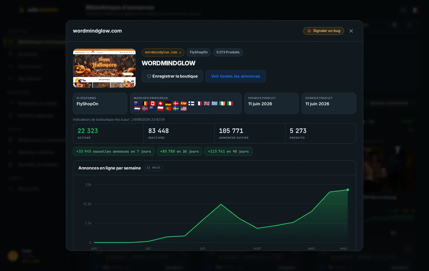 Fiche boutique avec plateforme, catalogue, annonces actives et inactives, marchés et annonces récentes