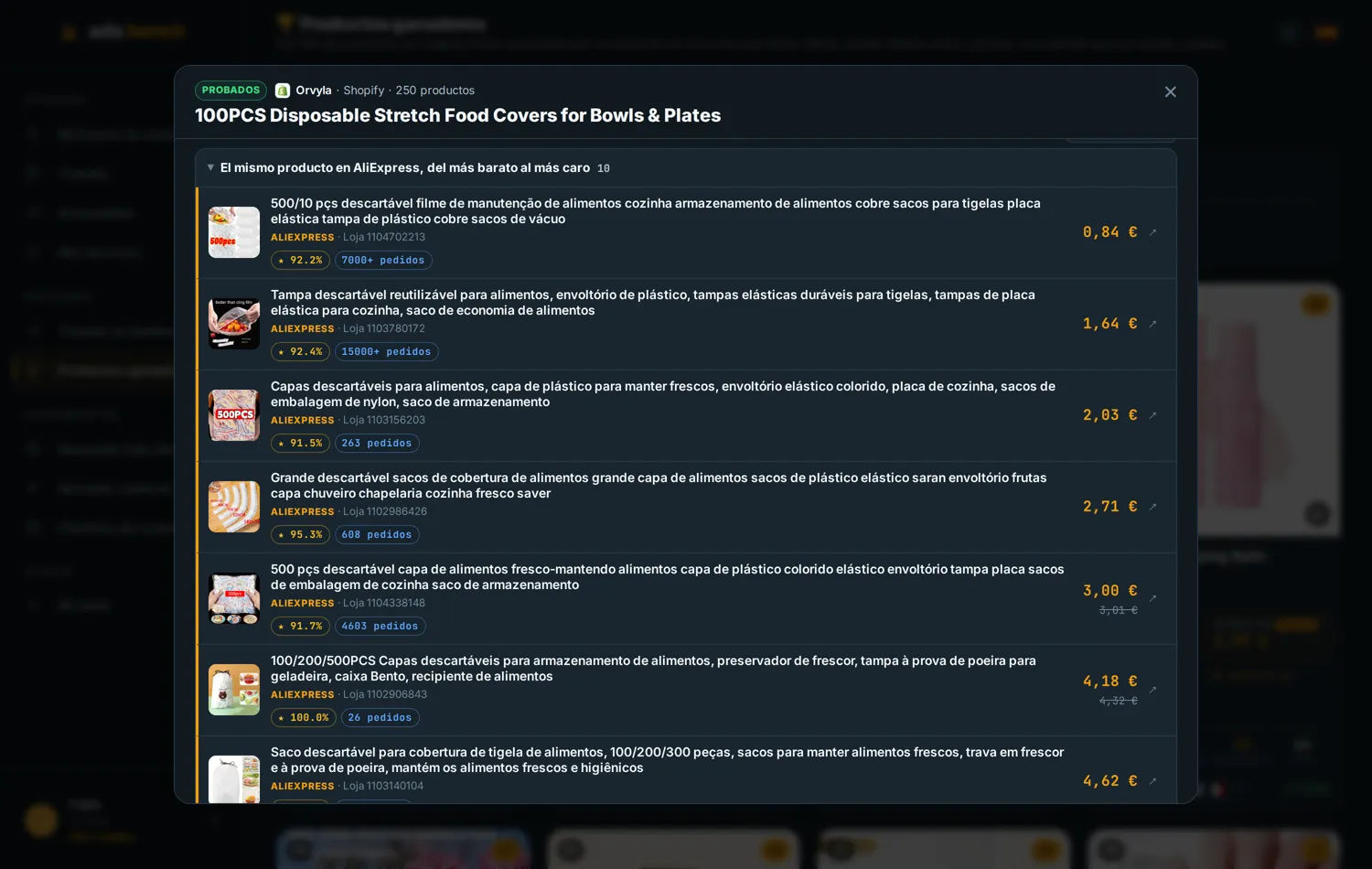 Resultados de proveedores para comparar anuncios de producto