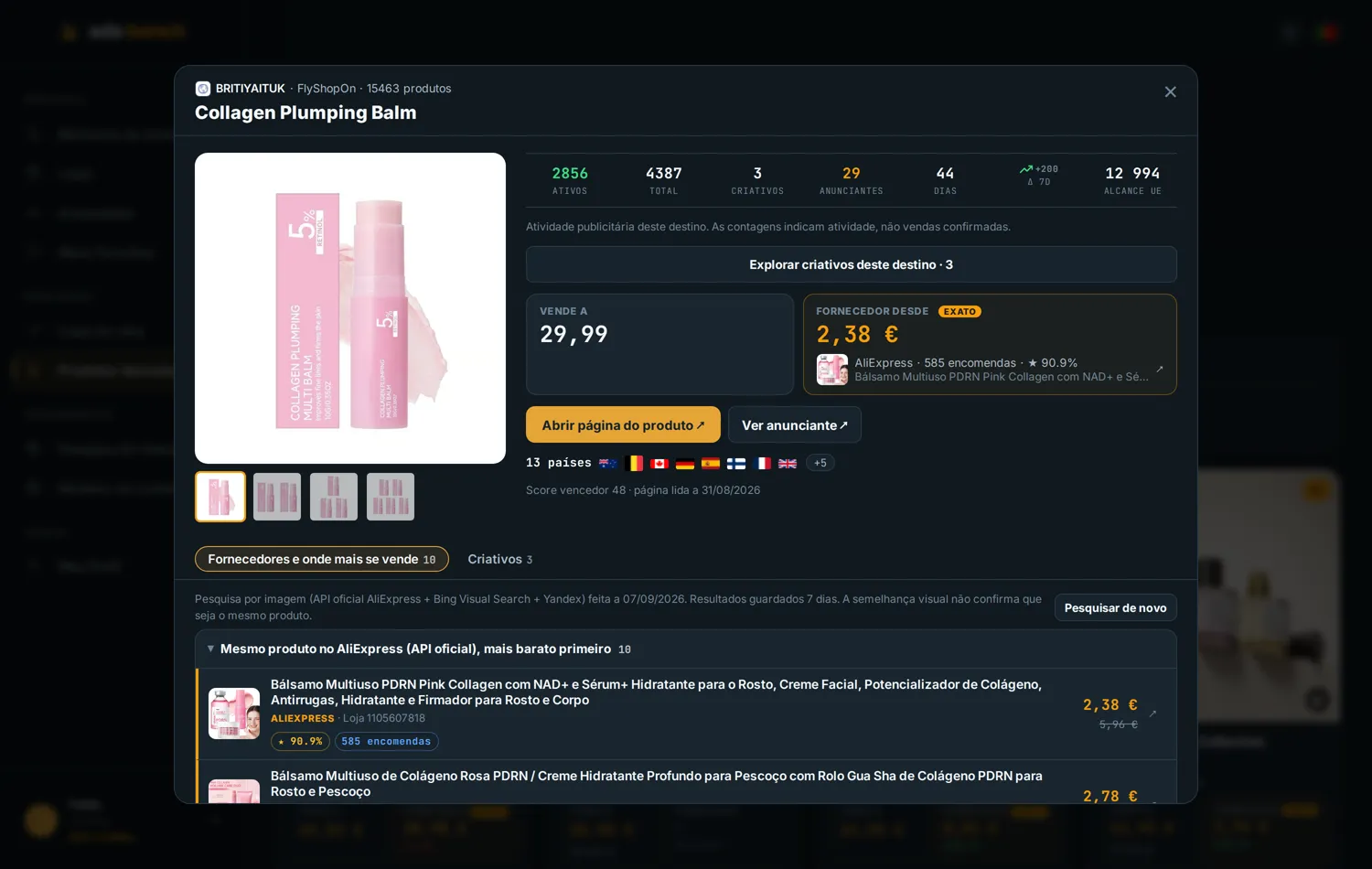 Produto associado a vários anunciantes no Ads Bench; associação não comprova dropshipping