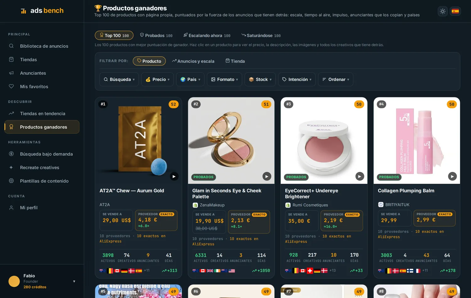 Ranking de productos de Ads Bench para armar una lista corta de pruebas