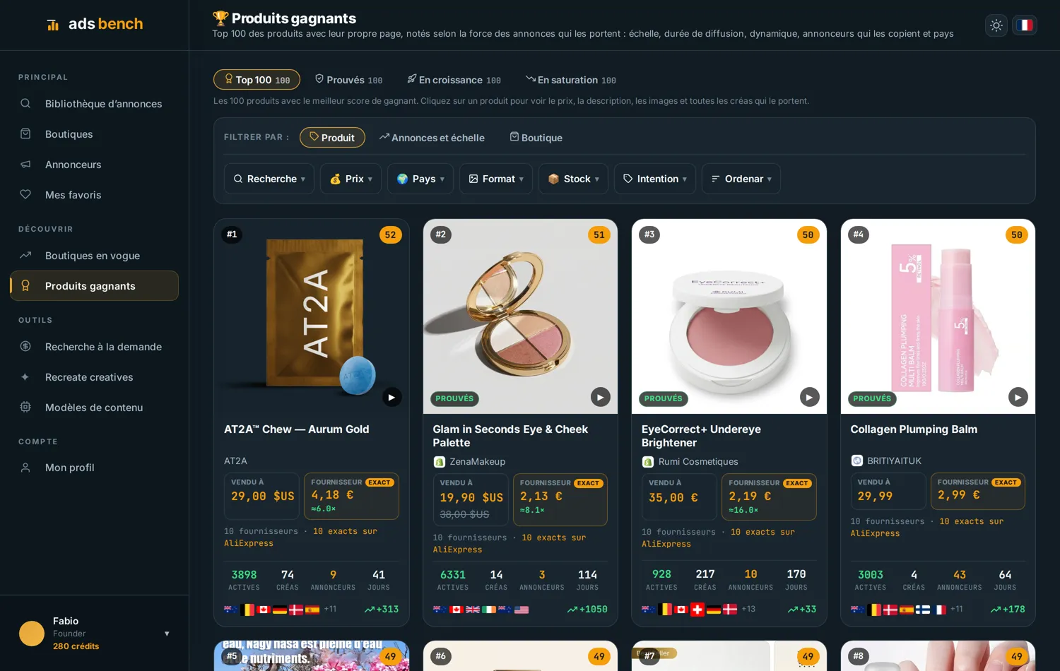 Classement des produits d’Ads Bench pour constituer une présélection à tester