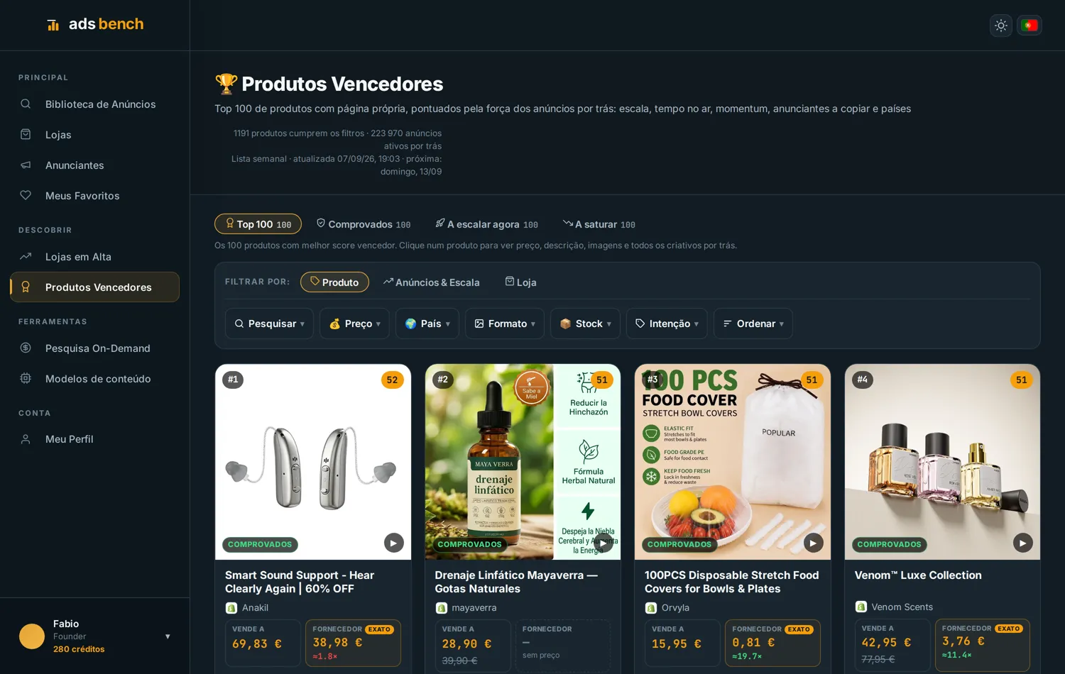 Ranking de produtos do Ads Bench para montar uma lista de candidatos a testar