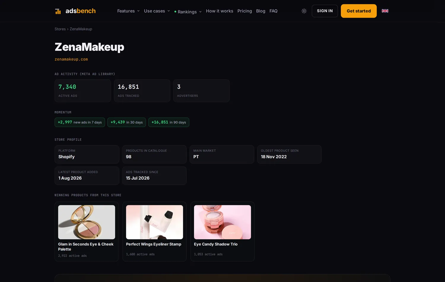 Public Ads Bench store profile with counts from the screenshot