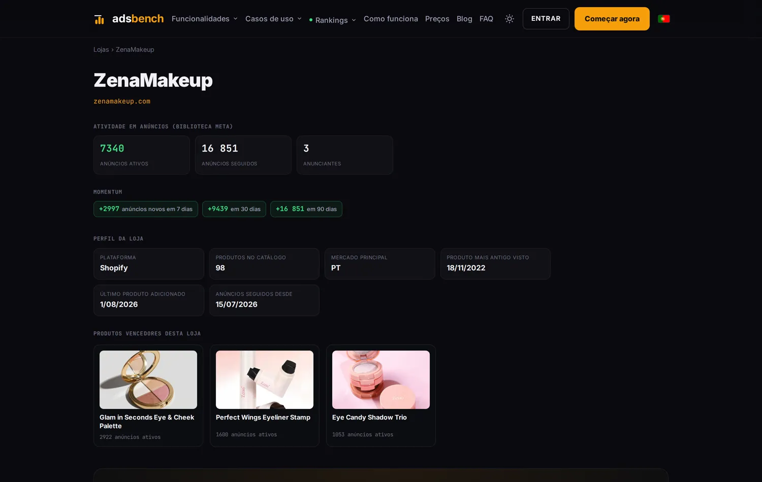 Página pública de uma loja no Ads Bench com contagens da captura