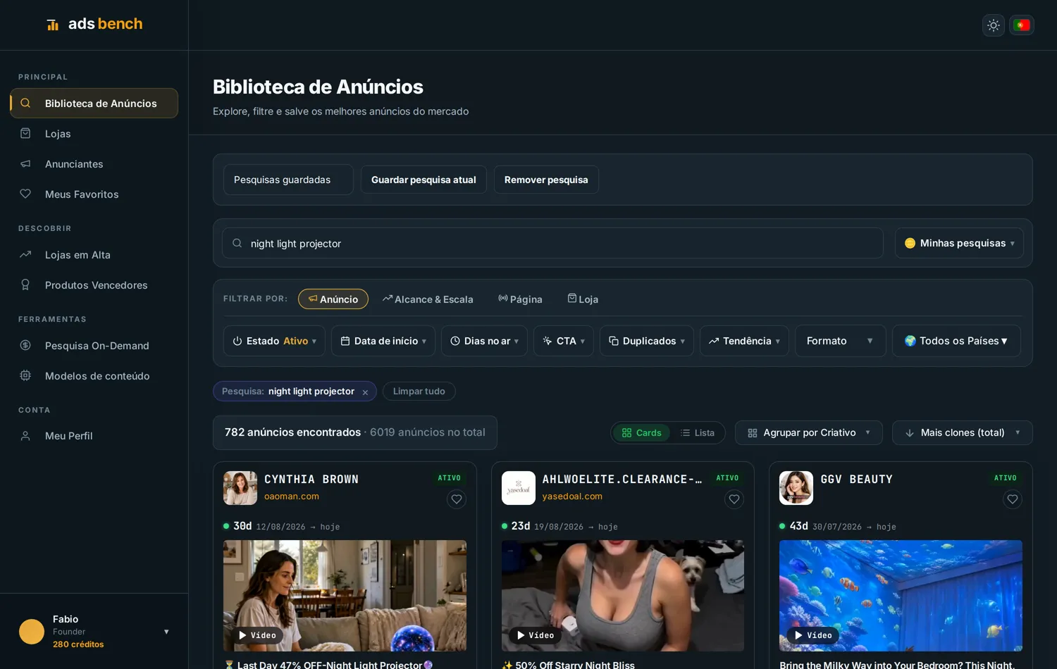 Pesquisa de um produto na biblioteca, agrupada por criativo e ordenada por número de cópias
