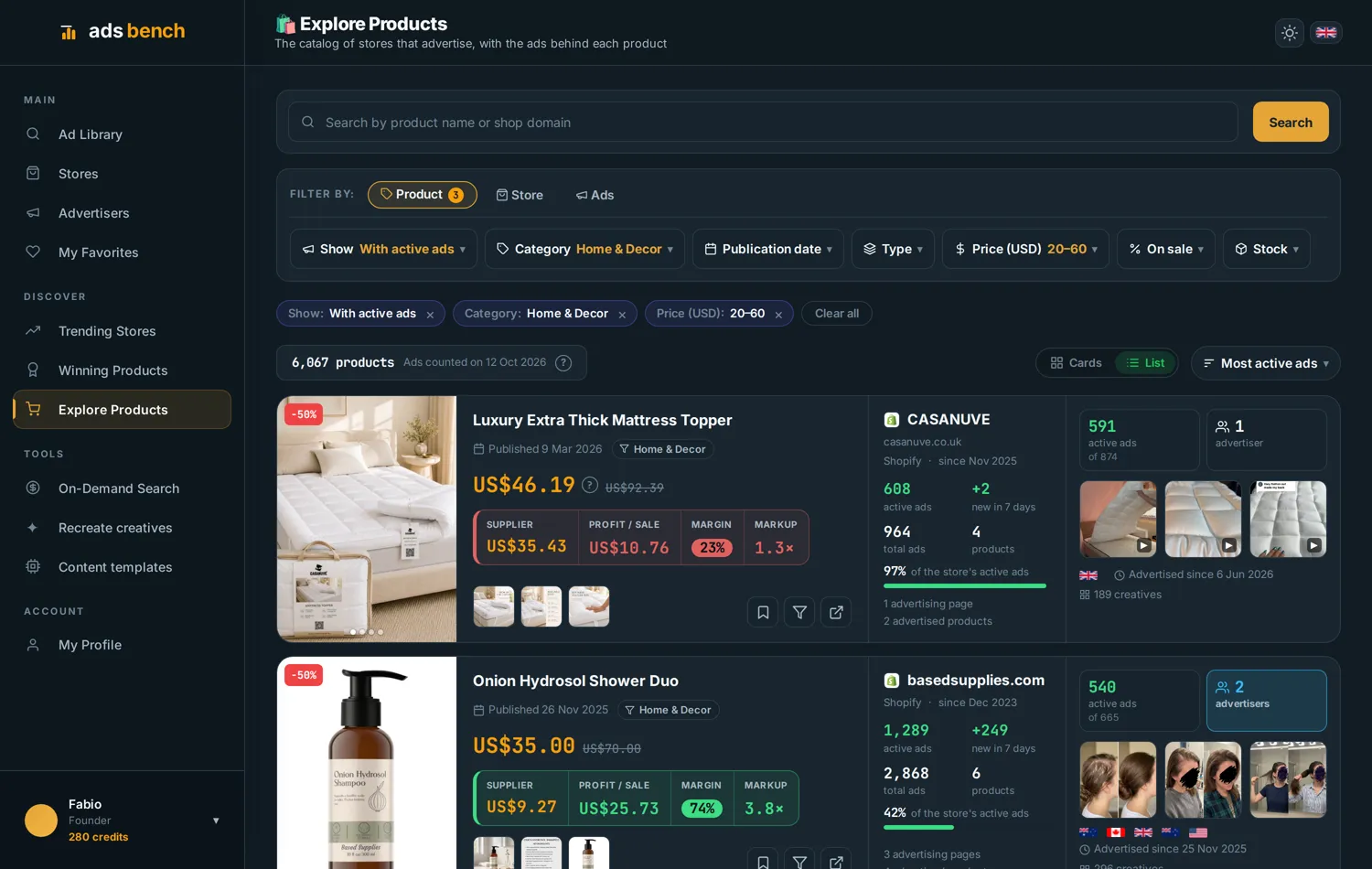 Produkte entdecken in Ads Bench mit den Filtern für aktive Anzeigen, Kategorie und Preis