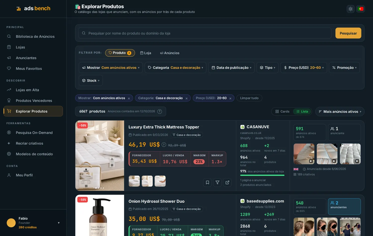 Explorar Produtos no Ads Bench com filtros de anúncios ativos, categoria e preço aplicados