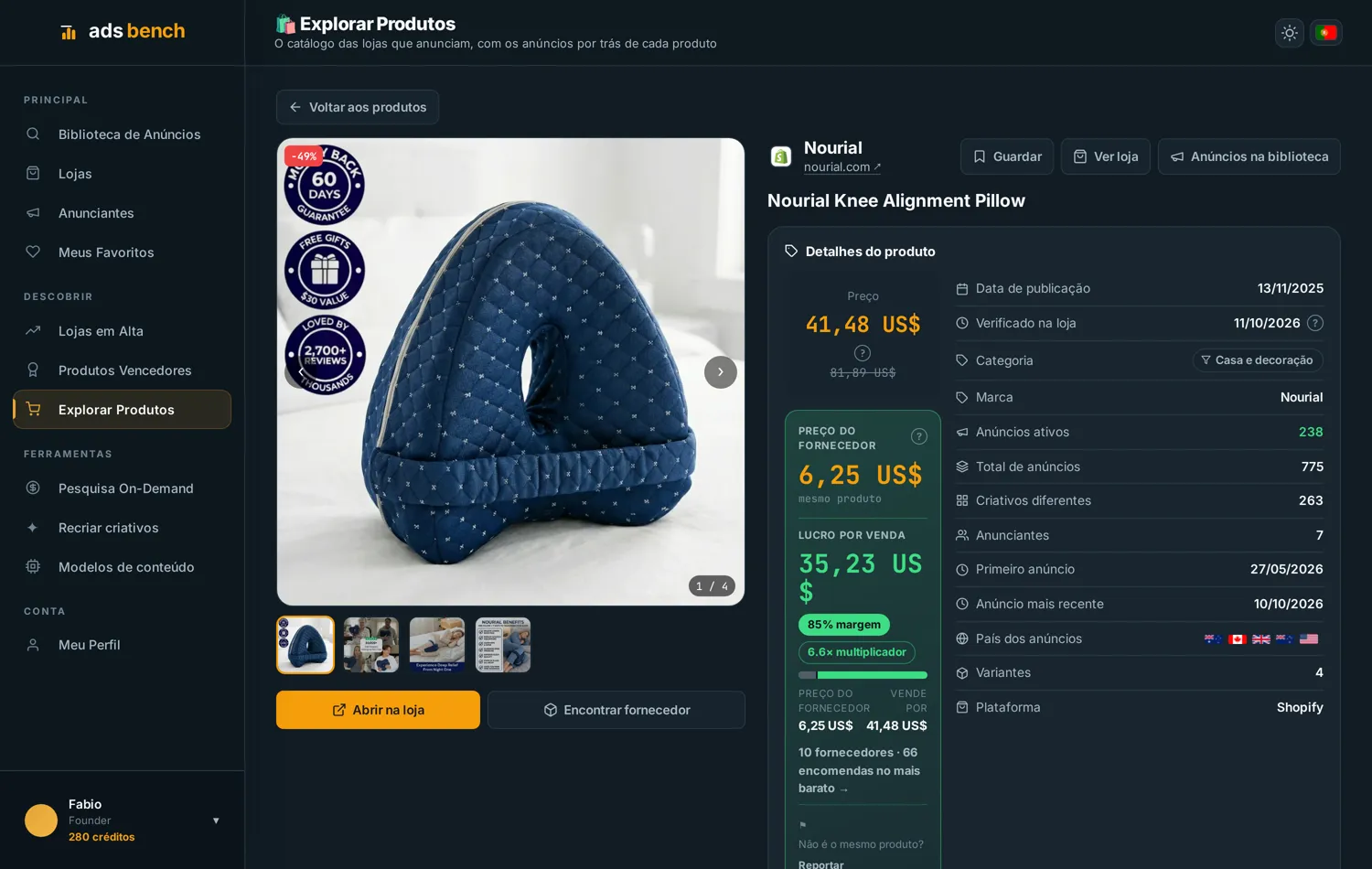 Página de um produto no Ads Bench com preço de venda, preço do fornecedor, margem e anúncios ativos