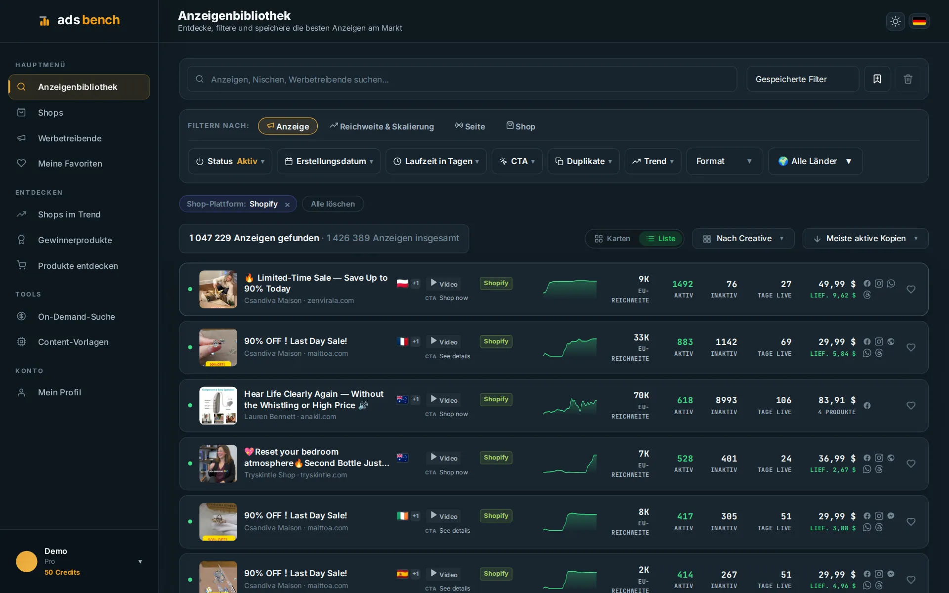 Ads Bench: biblioteca de anúncios em lista