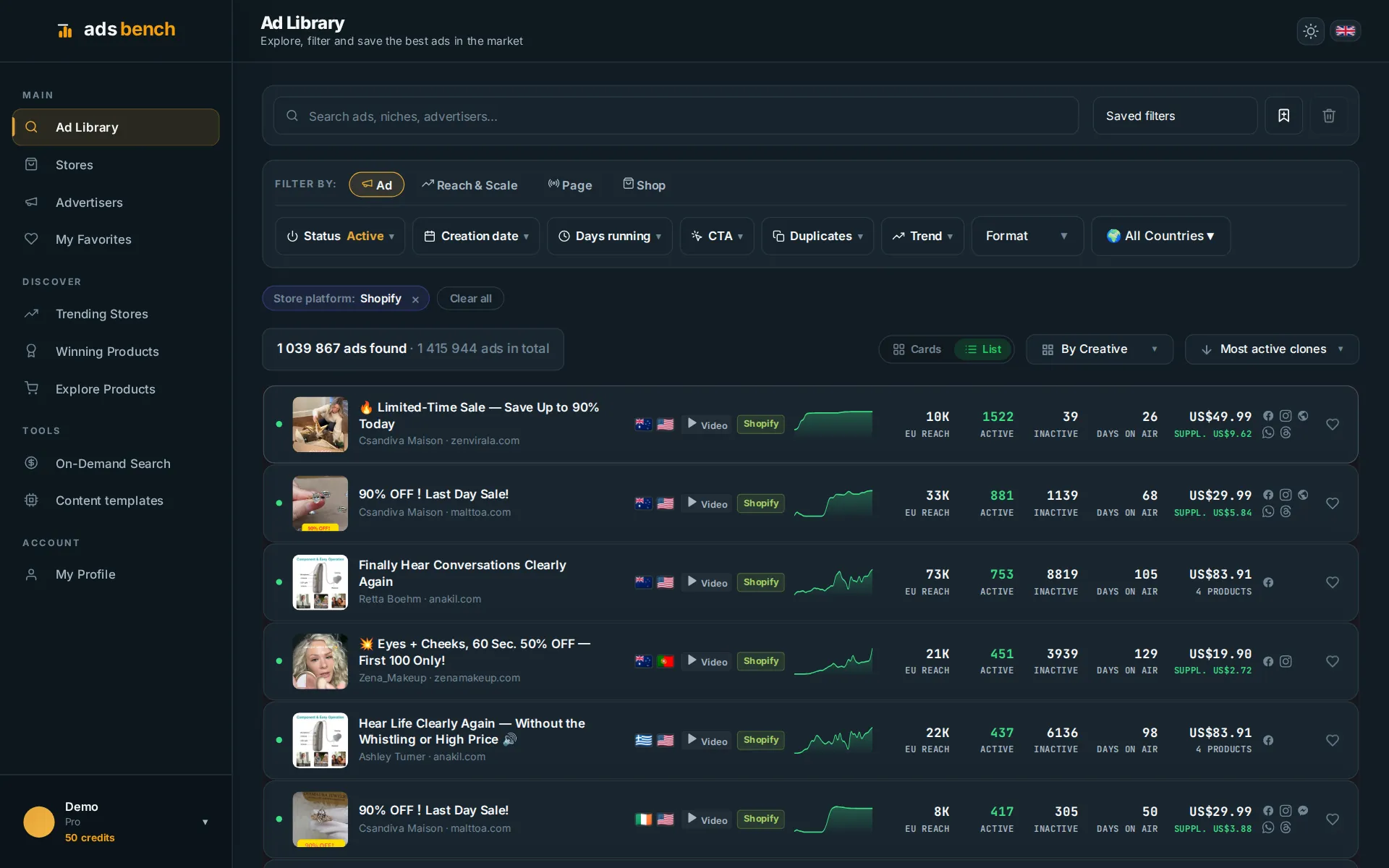 Ads Bench: biblioteca de anúncios em lista