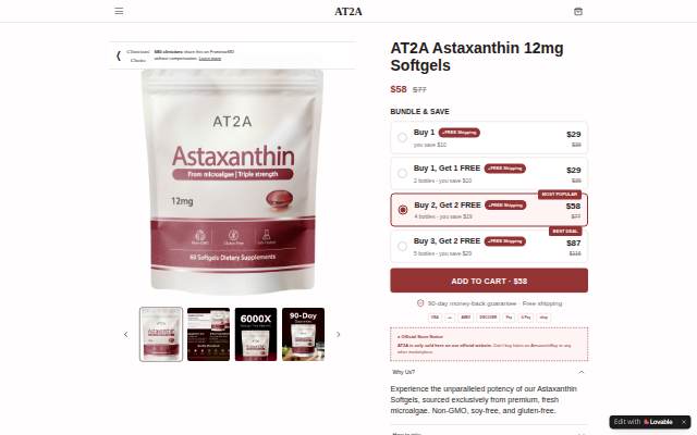 Vitrine de AT2A Astaxanthin 12mg Softgels