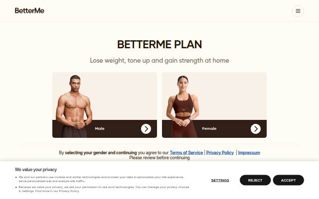 Startseite von BetterMe Quiz