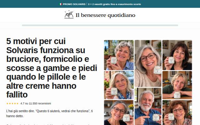 Startseite von 5 motivi per cui Solvaris funziona su bruciore, formicolio e scosse a gambe e piedi quando le pillole e le altre creme hanno fallito