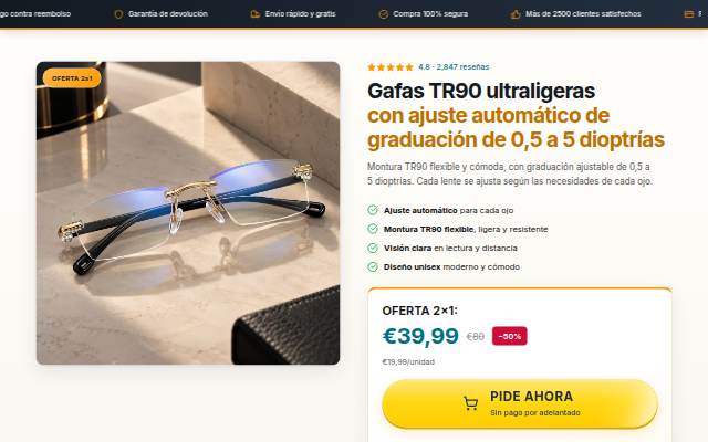 Startseite von Gafas TR90 ultraligeras con ajuste automático de graduación de 0,5 a 5 dioptrías
