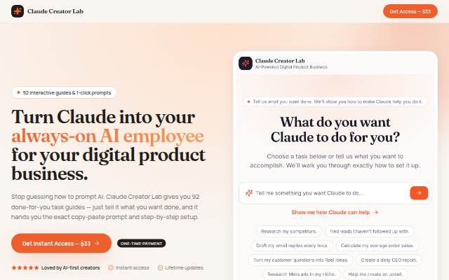 Montra da Claude Creator Lab — 92 Interactive Guides & Prompts ($33 One
