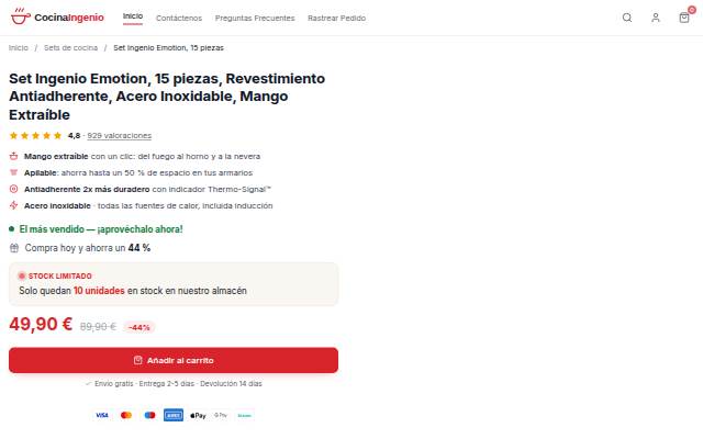 Set Ingenio Emotion, 15 piezas, Revestimiento Antiadherente, Acero Inoxidable, Mango Extraíble storefront
