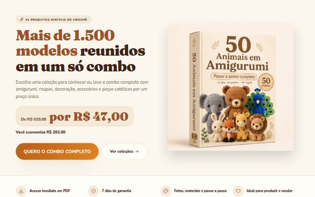 Combo Completo de Crochê — 31 produtos digitais por R$ 47,00 storefront