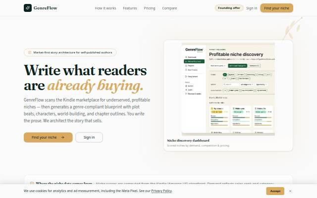 Montra da GenreFlow — Find profitable fiction niches and architect stories that sell