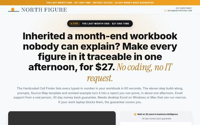 Montra da North Figure: make every figure in your month-end report provable in one afternoon, from the workbook you already have. One script, eleven steps, $27 once. 30 day money back guarantee.