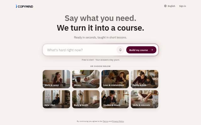 Vitrine de Say what you need. We turn it into a course — COPYMIND