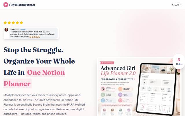 Startseite von Her's Notion Planner
