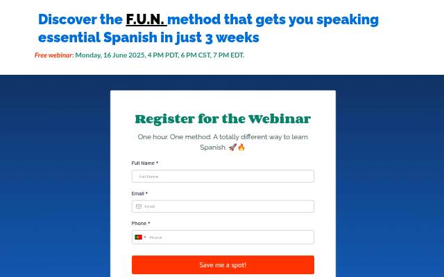 Free Webinar: Learn Spanish in 3 Weeks with the F.U.N. Method 🚀 storefront