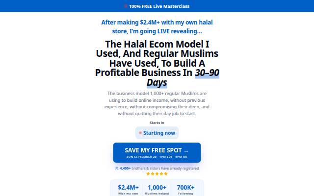 Register — The Halal Ecom Masterclass · September 13 storefront