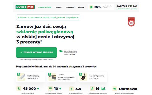 PROFIMET — Od 16 lat zajmujemy się produkcją ocynkowanych szklarni z poliwęglanu storefront