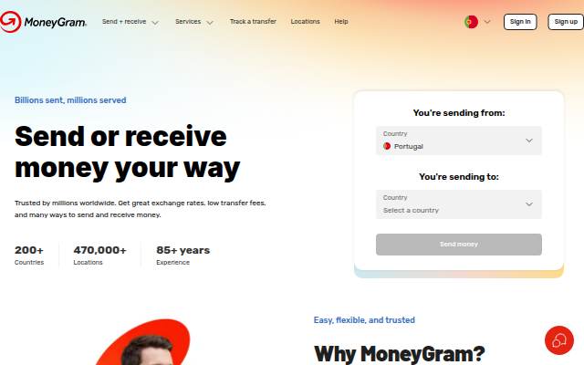 Startseite von Send money transfers from Portugal with MoneyGram