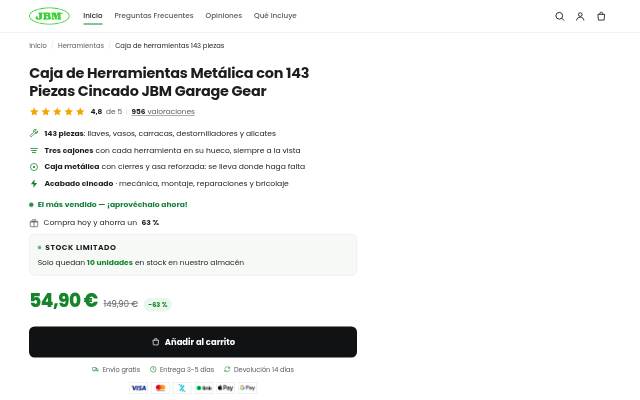 Escaparate de Caja de Herramientas Metálica con 143 Piezas Cincado JBM Garage Gear