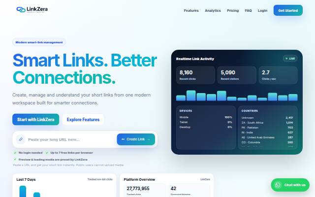 Startseite von LinkZera — Smart Links. Better Connections.