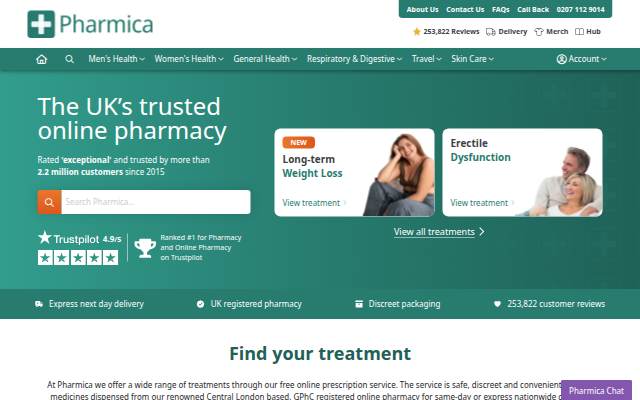 Startseite von Pharmica: Online Pharmacy UK