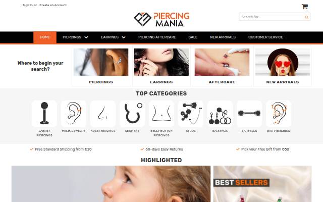 Online Piercing Shop storefront