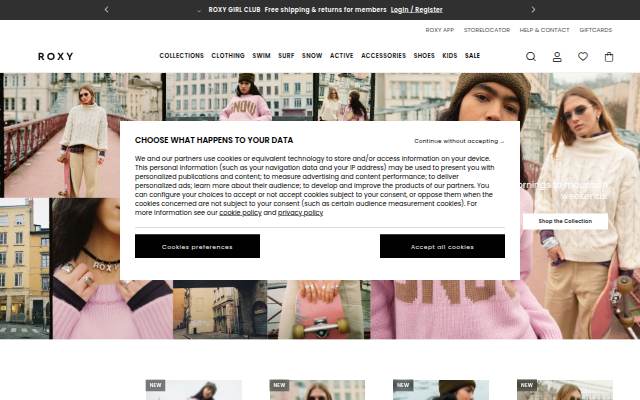 Vitrine de Roxy: Surf, Snowboard, clothing and accessories