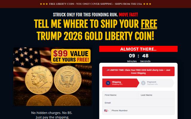 Montra da Free Trump Liberty Gold Coin, Just Pay Shipping
