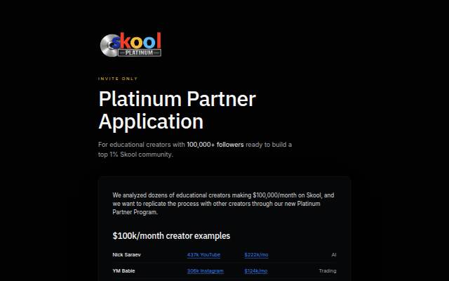 Startseite von Skool Platinum Partner Application