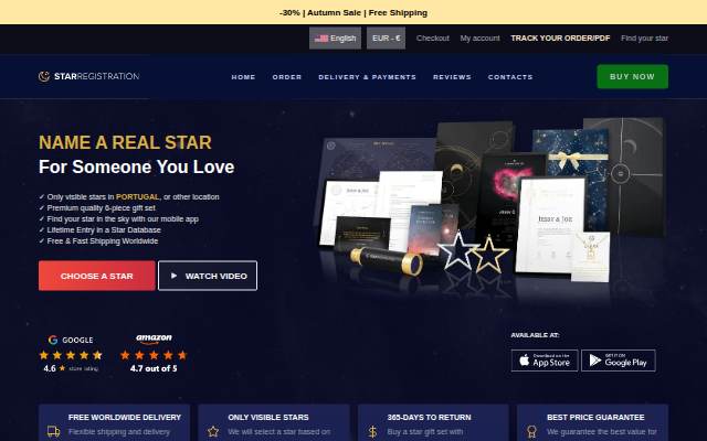 Buy a star online and get an official star certificate storefront